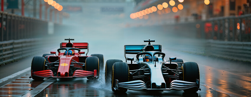 Speeding through the wet roads in a race